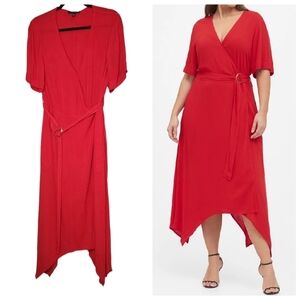 Banana Republic handkerchief hem red wrap midi dress. Belted. Size 12. Pockets